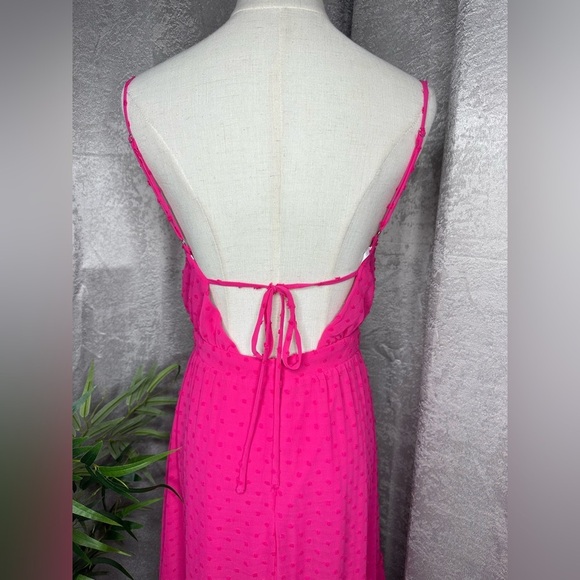 Lulus Tiers and Applause Hot Pink Swiss Dot Tie-Back Tiered Midi Dress Sz S - Picture 8 of 13